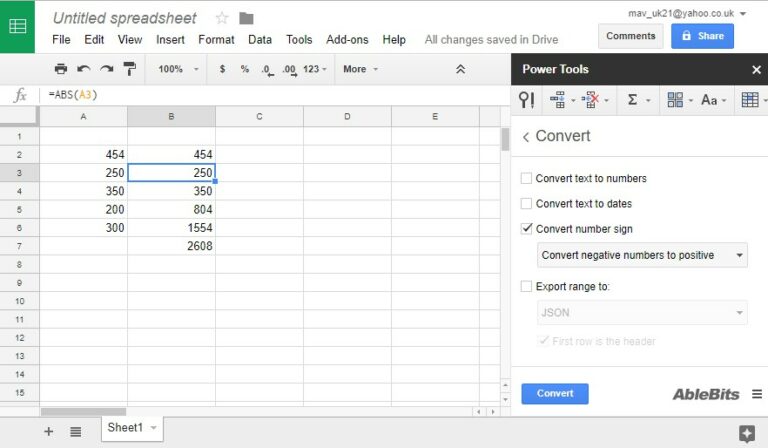 Как да получите абсолютна стойност в Google Таблици